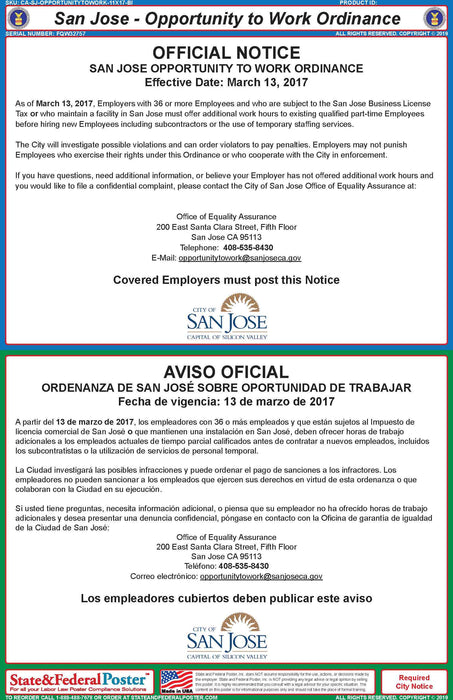San Jose, California Opportunity To Work Ordinance (Bilingual) - State and Federal Poster