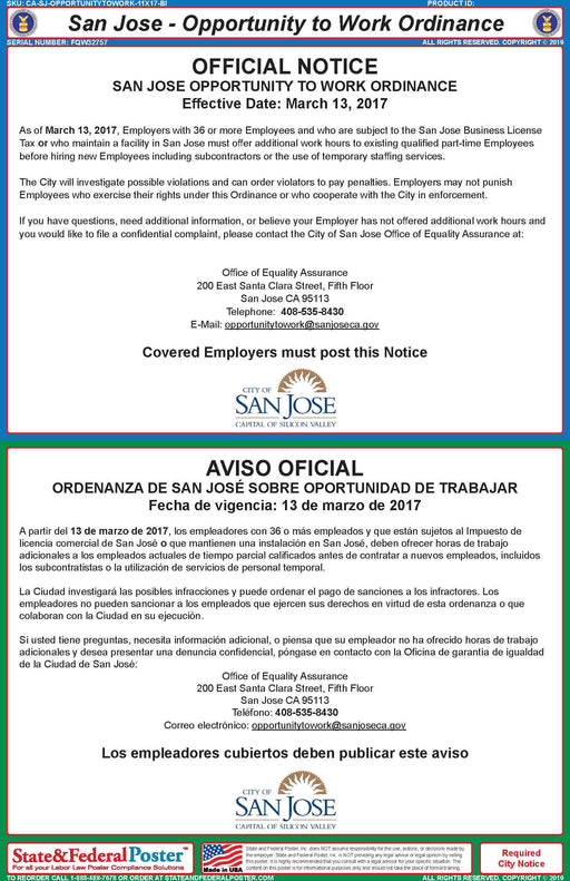 San Jose, California Opportunity To Work Ordinance (Bilingual) - State and Federal Poster