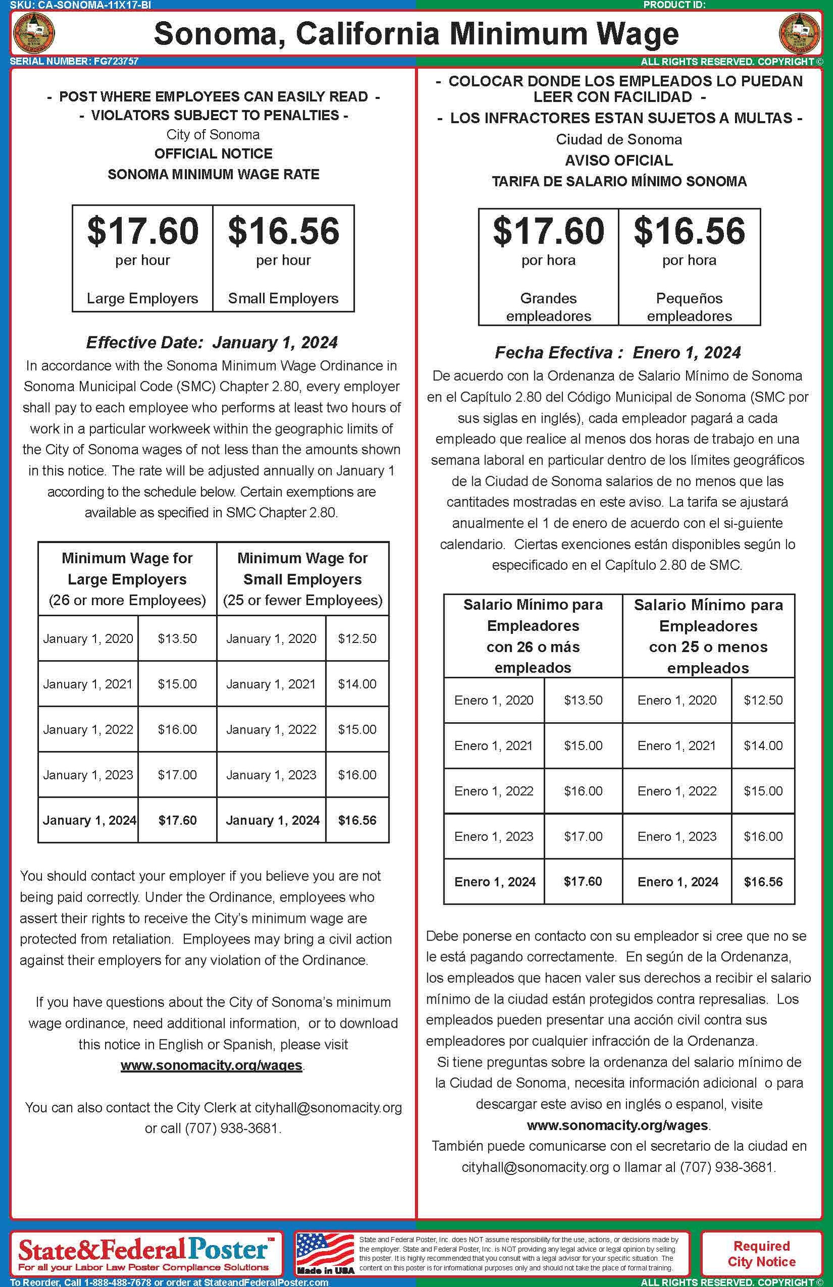 Sonoma, California Minimum Wage Poster (Bilingual) — State and Federal