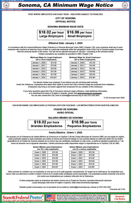 Sonoma, California Minimum Wage Poster (Bilingual) - State and Federal Poster