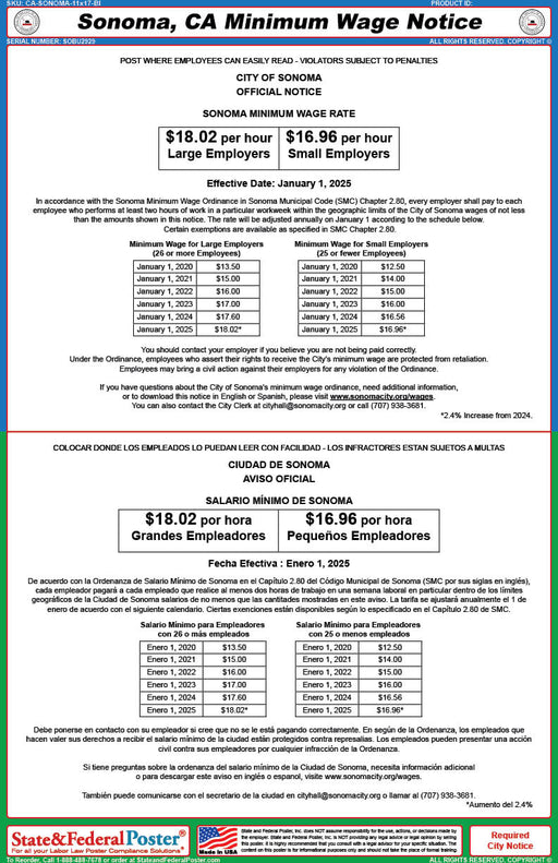 Sonoma, California Minimum Wage Poster (Bilingual) - State and Federal Poster