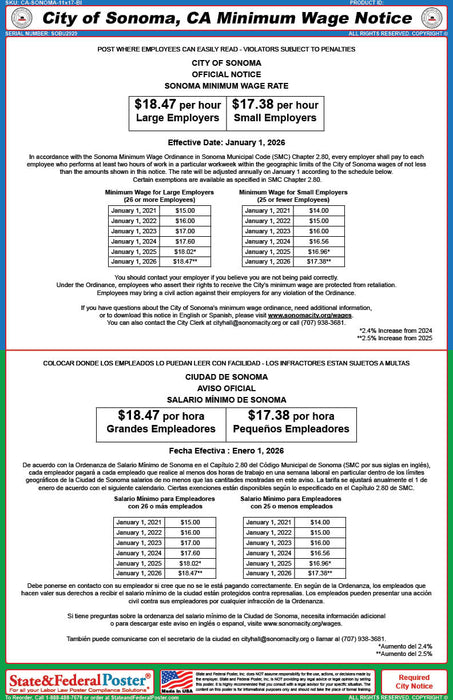 Digital Sonoma, California Minimum Wage Poster (Bilingual)