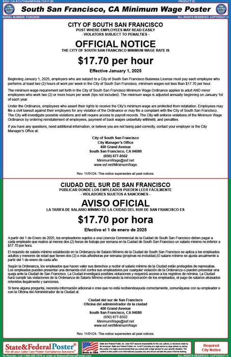 South San Francisco, California Minimum Wage Poster (Bilingual) - State and Federal Poster