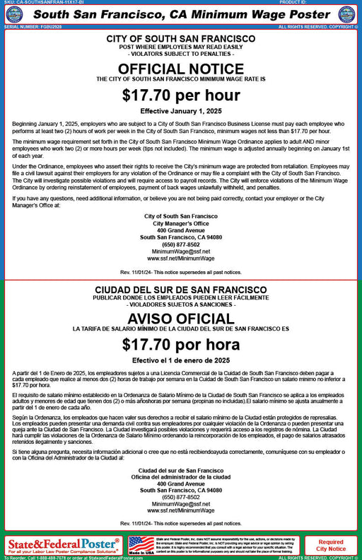 South San Francisco, California Minimum Wage Poster (Bilingual) - State and Federal Poster