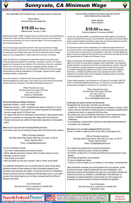 Sunnyvale, California Minimum Wage Poster (Bilingual) - State and Federal Poster
