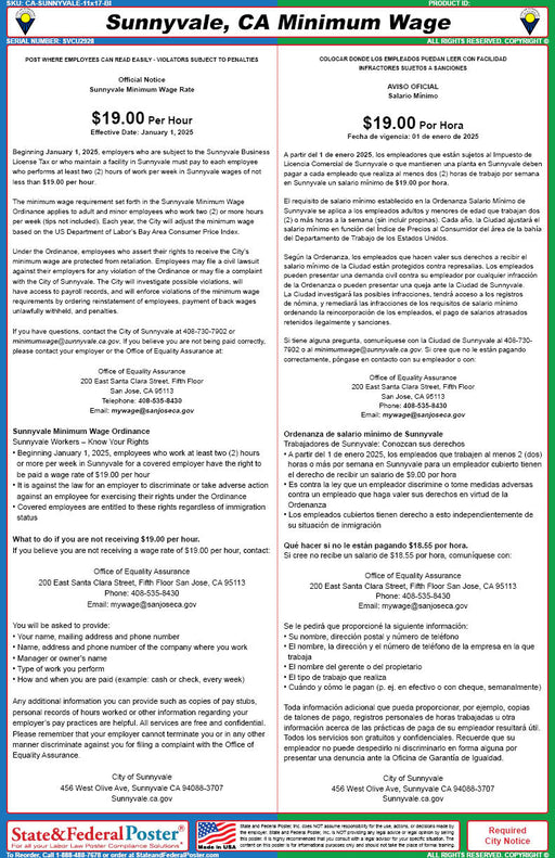 Sunnyvale, California Minimum Wage Poster (Bilingual) - State and Federal Poster
