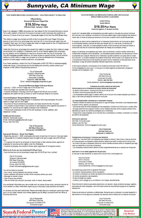 Sunnyvale, California Minimum Wage Poster (Bilingual)