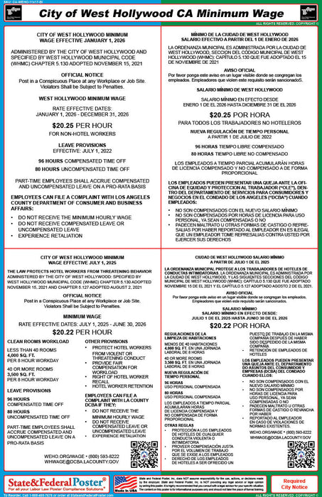 West Hollywood, California Minimum Wage + Hotel Worker Poster (Bilingual)