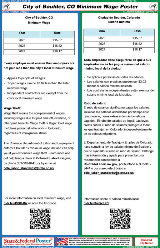 City of Boulder, CO Minimum Wage Poster (Bilingual) - State and Federal Poster