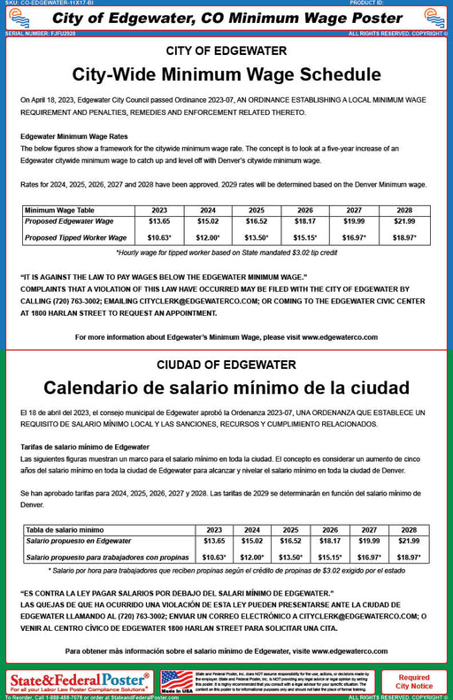 Digital City of Edgewater, CO Minimum Wage Poster (Bilingual) - State and Federal Poster