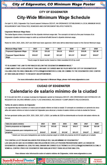 Digital City of Edgewater, CO Minimum Wage Poster (Bilingual)