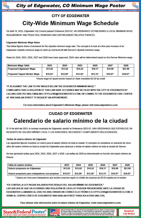 City of Edgewater, CO Minimum Wage Poster (Bilingual) - State and Federal Poster
