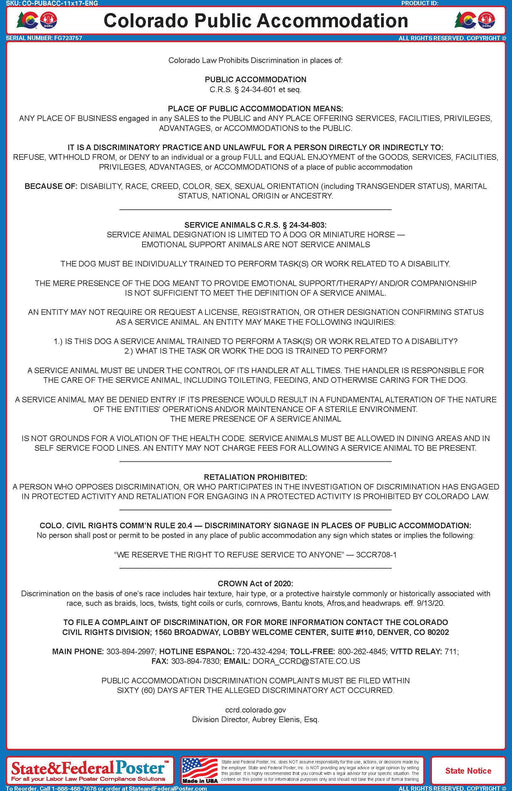 Colorado Public Accommodation Poster - State and Federal Poster