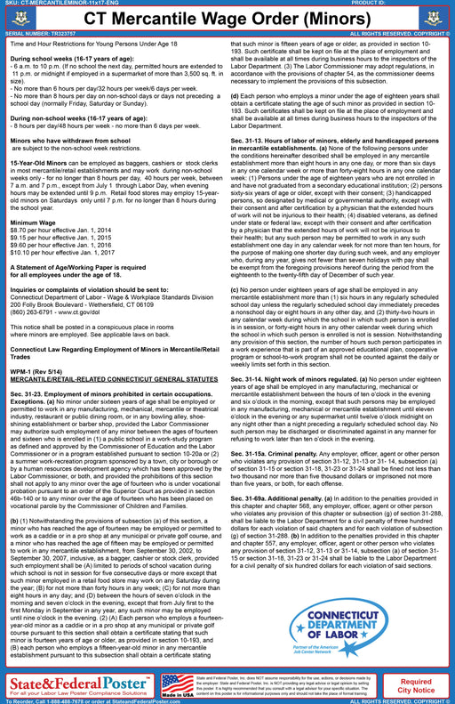 Connecticut Mercantile Industry Wage Ordinance - State and Federal Poster