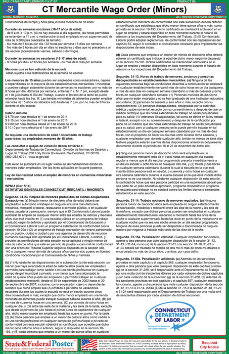 Connecticut Mercantile Industry Wage Ordinance - State and Federal Poster