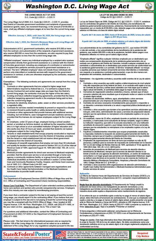 Washington, DC Living Wage Act (Bilingual) - State and Federal Poster