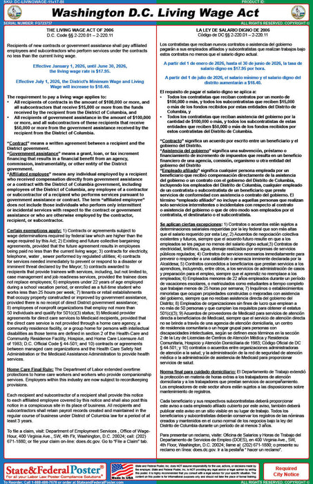 Washington, DC Living Wage Act (Bilingual) - State and Federal Poster