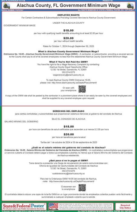 FL, Alachua County Government Minimum Wage Poster (Bilingual)