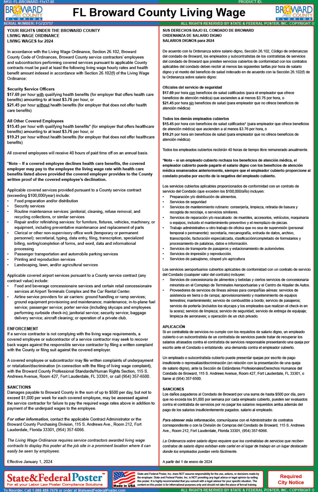 Broward County, Florida Living Wage Poster (Bilingual) — State and