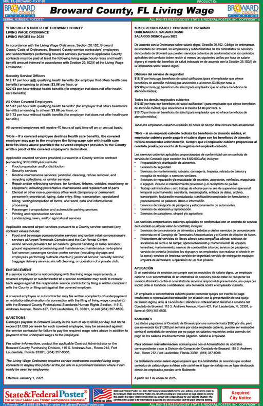 Broward County, Florida Living Wage Poster (Bilingual) - State and Federal Poster