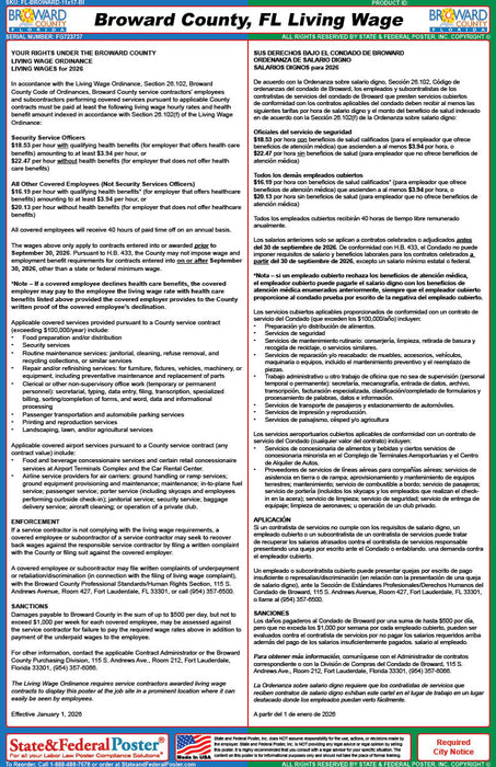 Digital Broward County, Florida Living Wage Poster (Bilingual) - State and Federal Poster