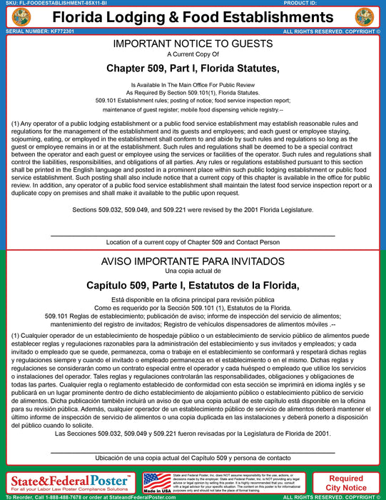 Florida Lodging & Food Establishment Ordinance (Bilingual) - State and Federal Poster