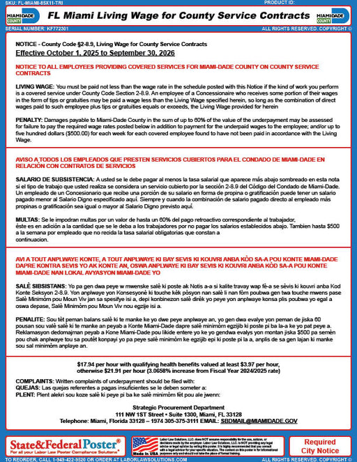 Digital Miami, Florida Living Wage for County Service Contracts (Trilingual) - State and Federal Poster