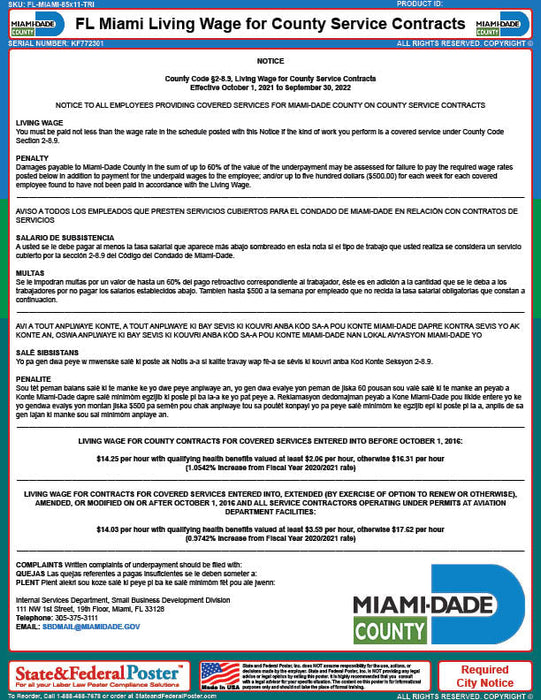Miami, Florida Living Wage for County Service Contracts (Trilingual) - State and Federal Poster
