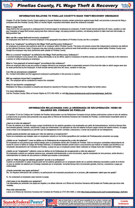 Digital Pinellas County, FL Wage Theft Ordinance (Bilingual) - State and Federal Poster