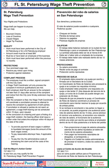 St. Petersburg, Florida Wage Theft Prevention Poster (Bilingual) - State and Federal Poster
