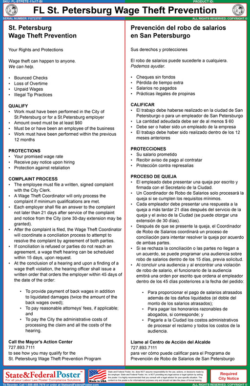 St. Petersburg, Florida Wage Theft Prevention Poster (Bilingual) - State and Federal Poster