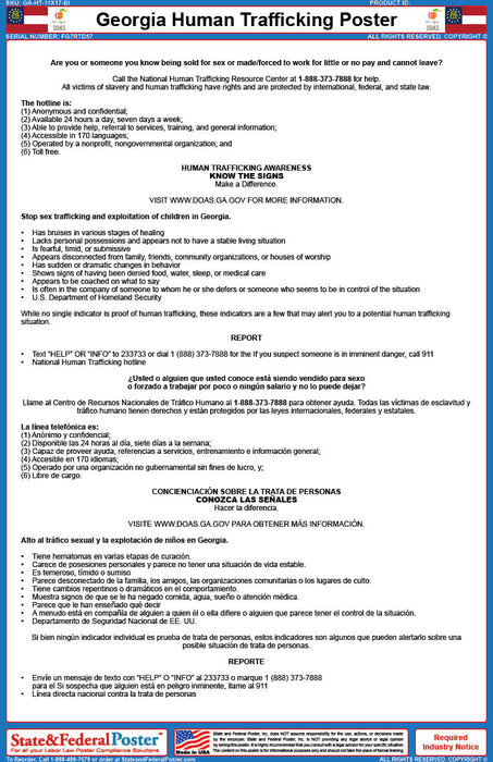 Georgia Human Trafficking Poster (Bilingual) - State and Federal Poster