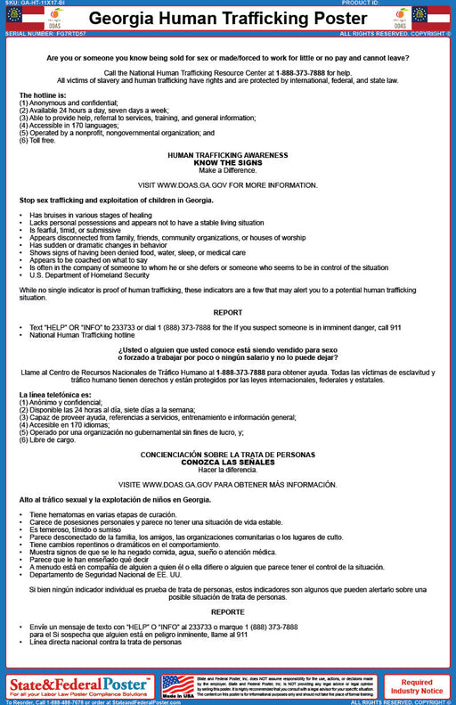 Georgia Human Trafficking Poster (Bilingual) - State and Federal Poster
