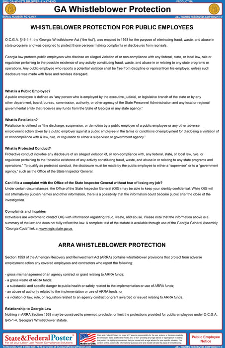 Georgia Whistleblower Protection Act Poster - State and Federal Poster