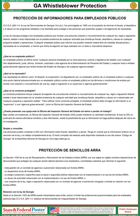Georgia Whistleblower Protection Act Poster - State and Federal Poster
