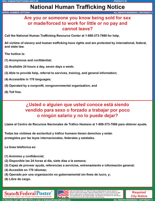 National Human Trafficking Notice Poster (Bilingual) - State and Federal Poster