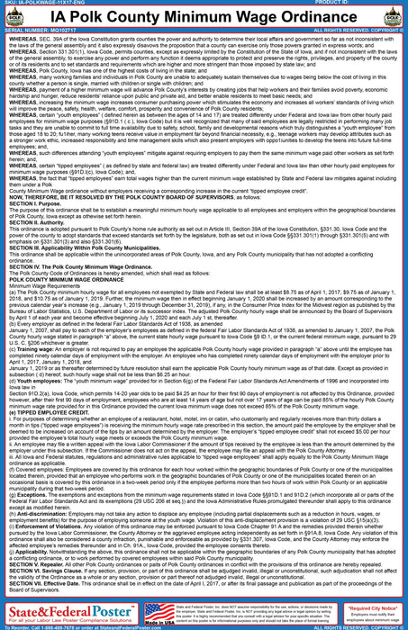 Polk County, Iowa Minimum Wage Ordinance Poster - State and Federal Poster