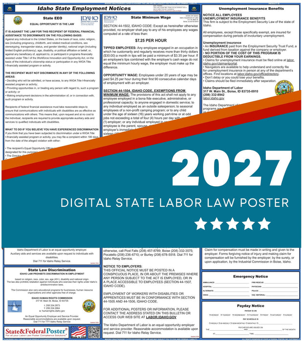 Idaho State Labor Law Poster 2027 - State and Federal Poster