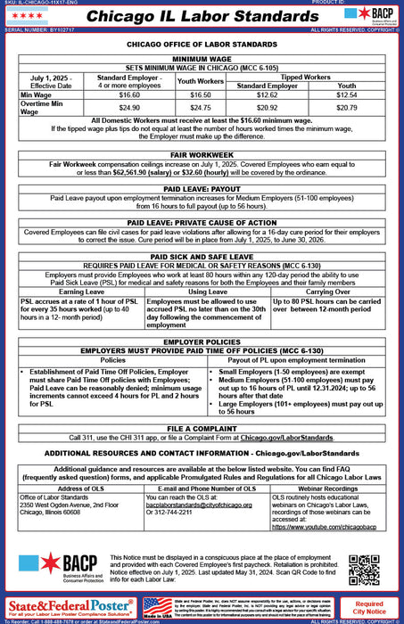 Chicago, Illinois City Labor Standards Poster - State and Federal Poster