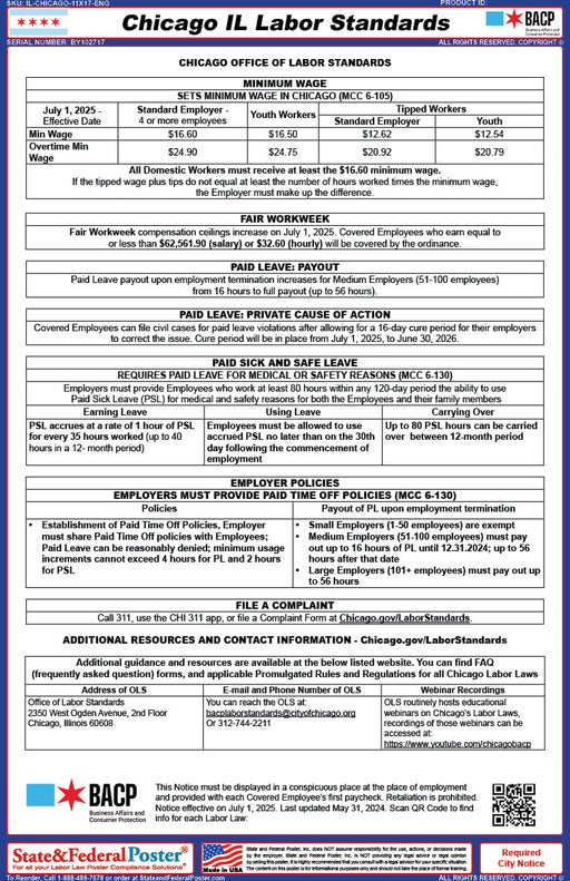 Chicago, Illinois City Labor Standards Poster - State and Federal Poster