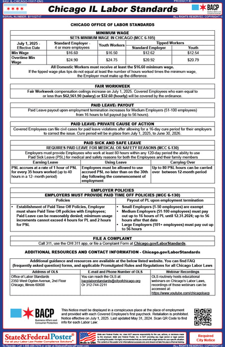 Chicago, Illinois City Labor Standards Poster - State and Federal Poster