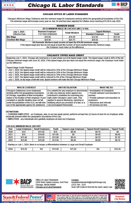 Chicago, Illinois City Labor Standards Poster - State and Federal Poster