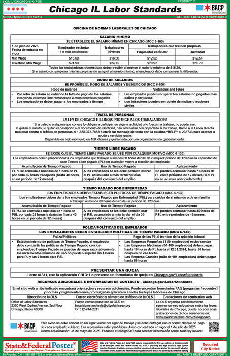 Chicago, Illinois City Labor Standards Poster - State and Federal Poster