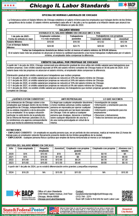 Chicago, Illinois City Labor Standards Poster - State and Federal Poster