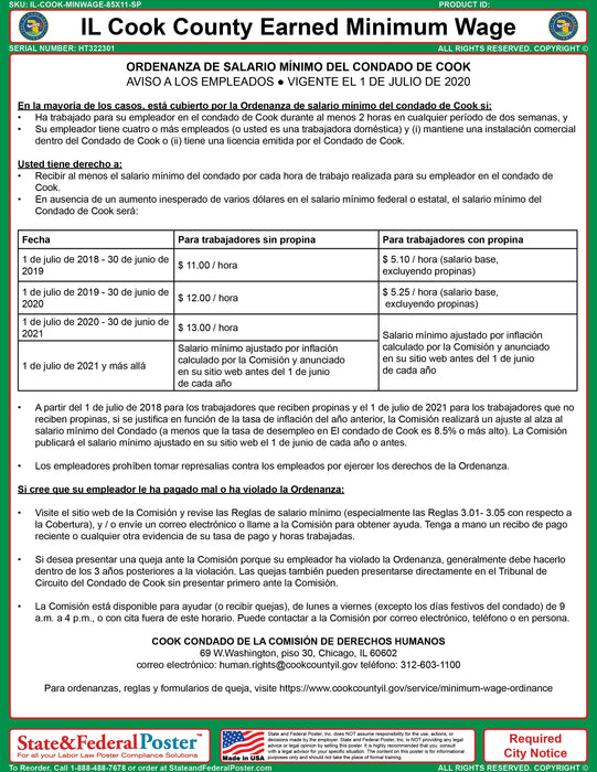 Cook County, Illinois Earned Sick Leave Poster - State and Federal Poster