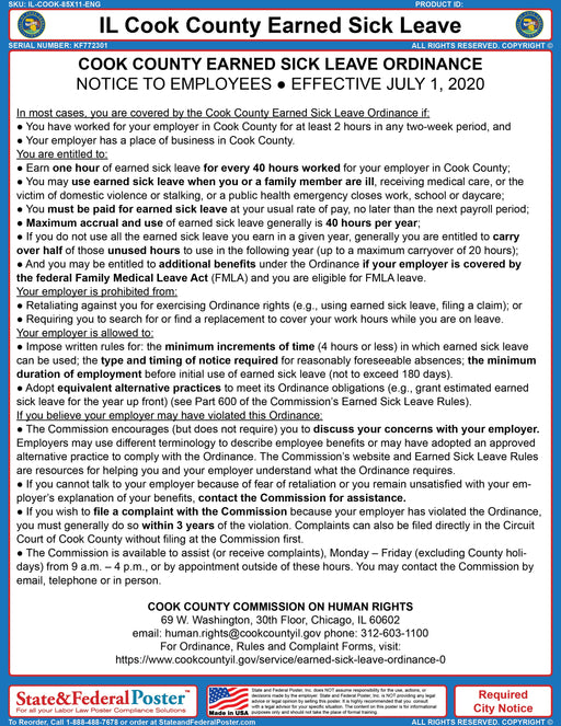 Cook County, Illinois Earned Sick Leave Poster - State and Federal Poster