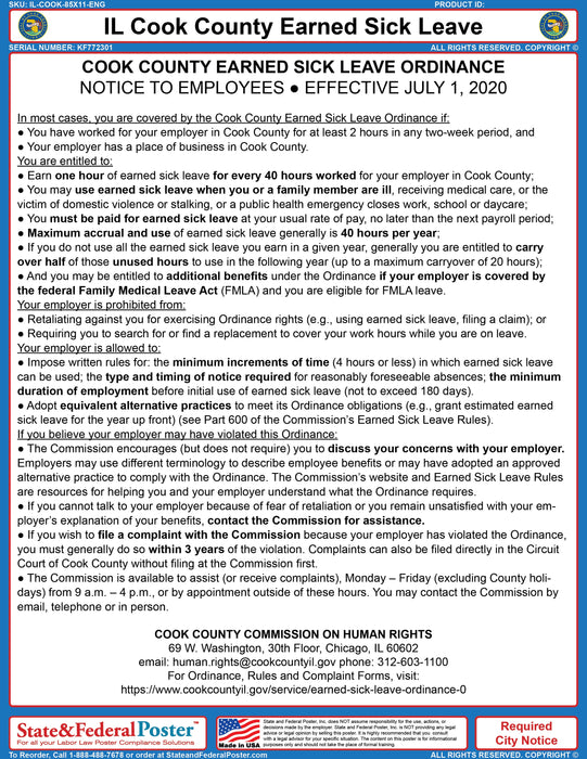 Cook County, Illinois Earned Sick Leave Poster - State and Federal Poster