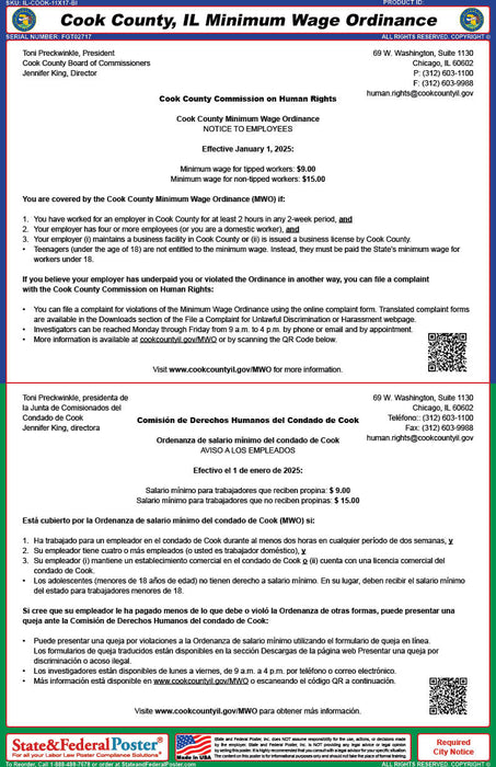 Cook County, IL Minimum Wage Ordinance (Bilingual) - State and Federal Poster