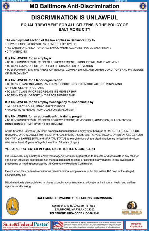 Baltimore, Maryland Anti-Discrimination Poster - State and Federal Poster