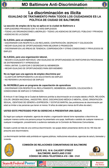 Baltimore, Maryland Anti-Discrimination Poster - State and Federal Poster